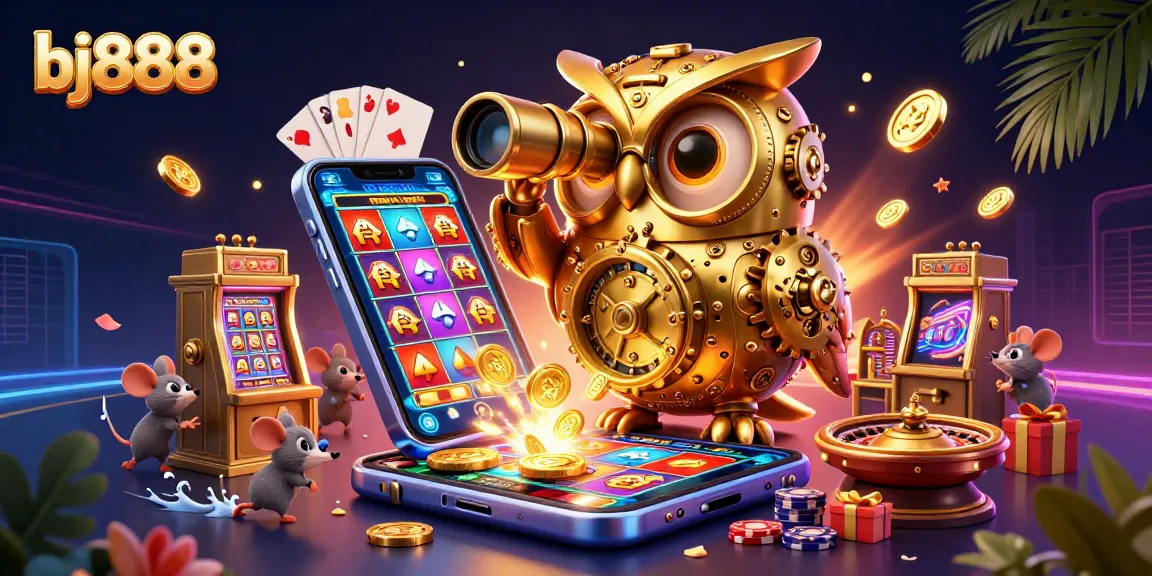 Experience the dynamic world of bj888 casino with a lively 3D scene depicting a bustling slot game atmosphere.