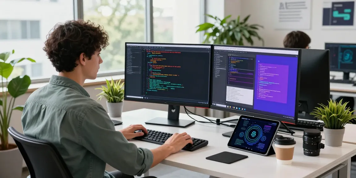 Developers build internal tools with AI in a vibrant tech workspace with coding on screens