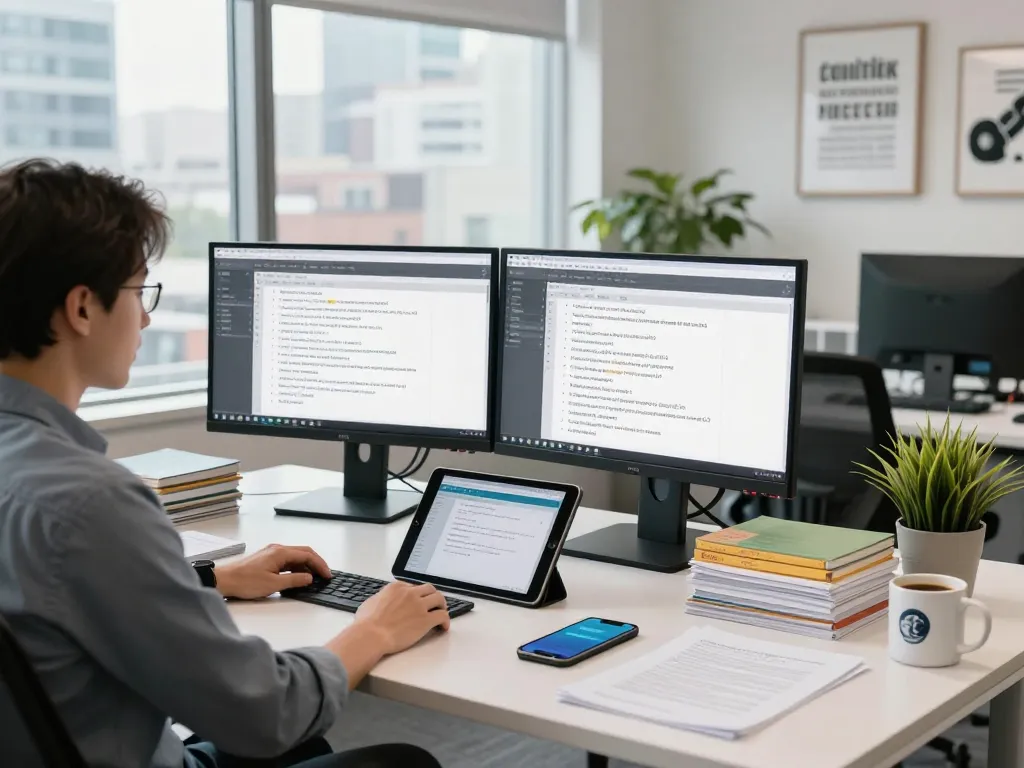 Professional translator at work in a modern office, showcasing high-quality 번역 서비스 with dual monitors and inspiring elements.