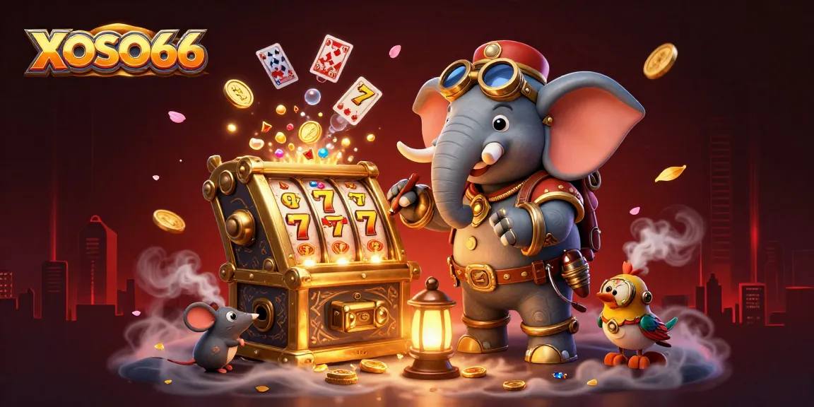 XOSO66 showcases a steampunk elephant engaging with vibrant slot machine elements amidst a casino backdrop.