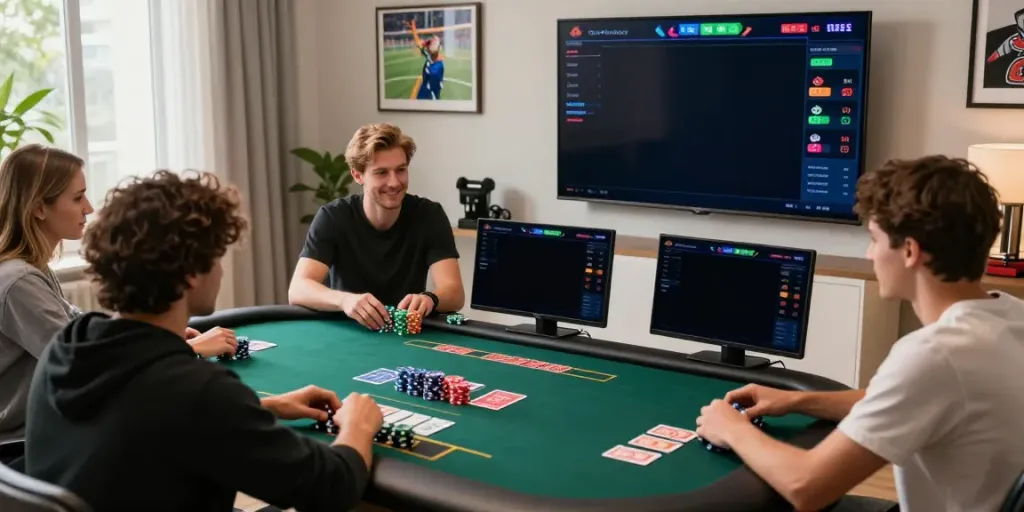 Engaged players betting live on fabet with modern screens showing sports odds.