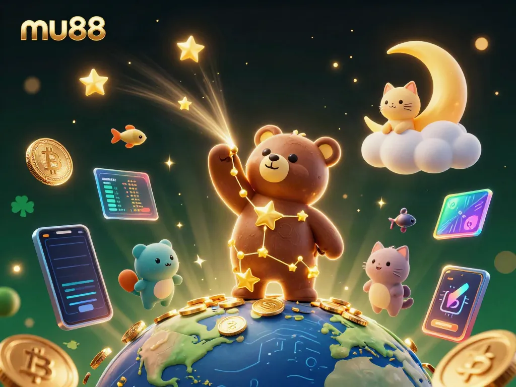 Play and win at mu88 with a vibrant 3D cartoon casino scene featuring stars and crypto coins.