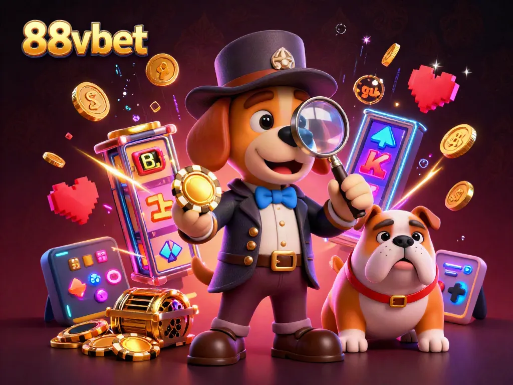 Engage with 88vbet's thrilling casino adventure with a detective and bulldog discovering treasure.