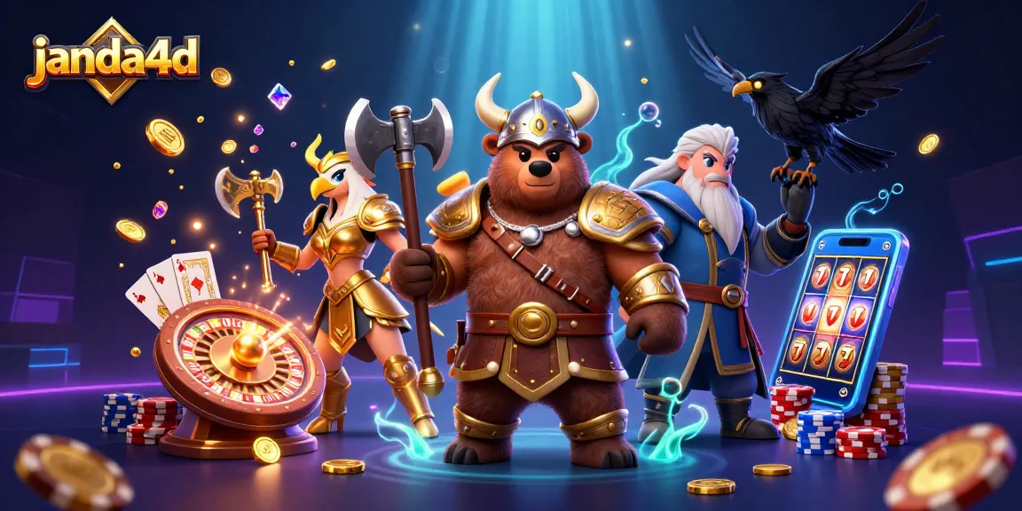 Gambarkan janda4d dengan Viking beruang dan elang Valkyrie dalam atmosfer kasino yang megah.