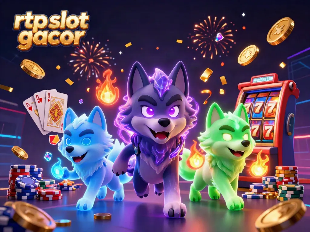 Permainan rtp slot gacor dengan karakter serigala, koin emas, dan kartu bermain yang jatuh dari atas.