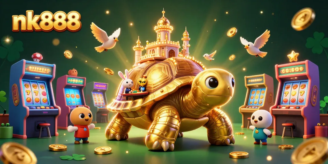 Win big with nk888 at a vibrant casino scene featuring a golden tortoise, rabbit dealer, and arcade machines.