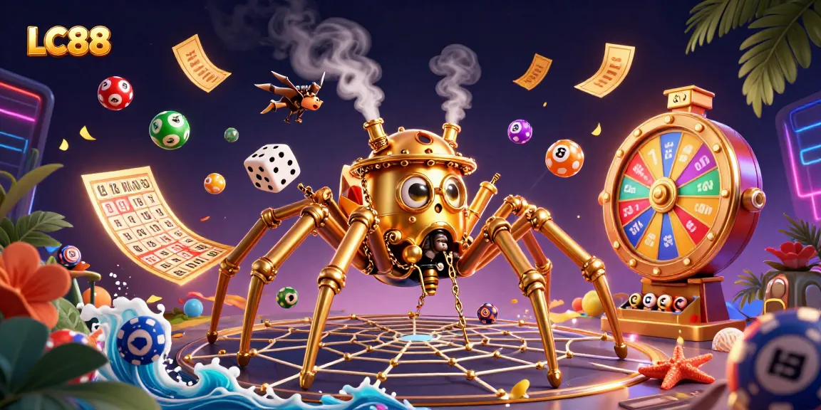 LC88 features a steampunk golden spider ensnaring dice in its web, amidst dynamic lottery elements.
