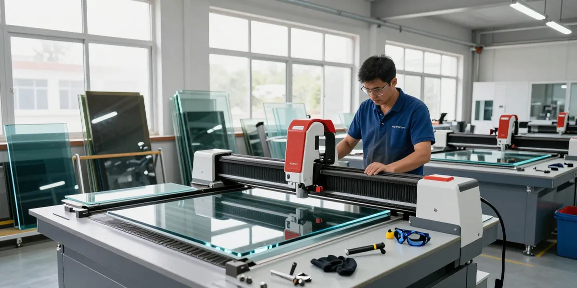 Operator using a glass cutting table in an advanced glass processing workshop, showcasing modern cutting machinery and tools.