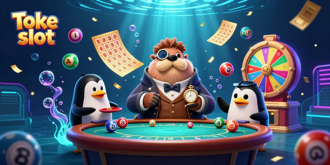 Toke slot illustrates a vibrant underwater poker game featuring a walrus, penguin dealer, and bluffing pufferfish.