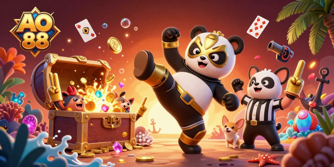 Experience the fun at AO 88 with a vibrant illustration of a panda wrestler and chihuahua referee amidst treasure-filled underwater scenarios.