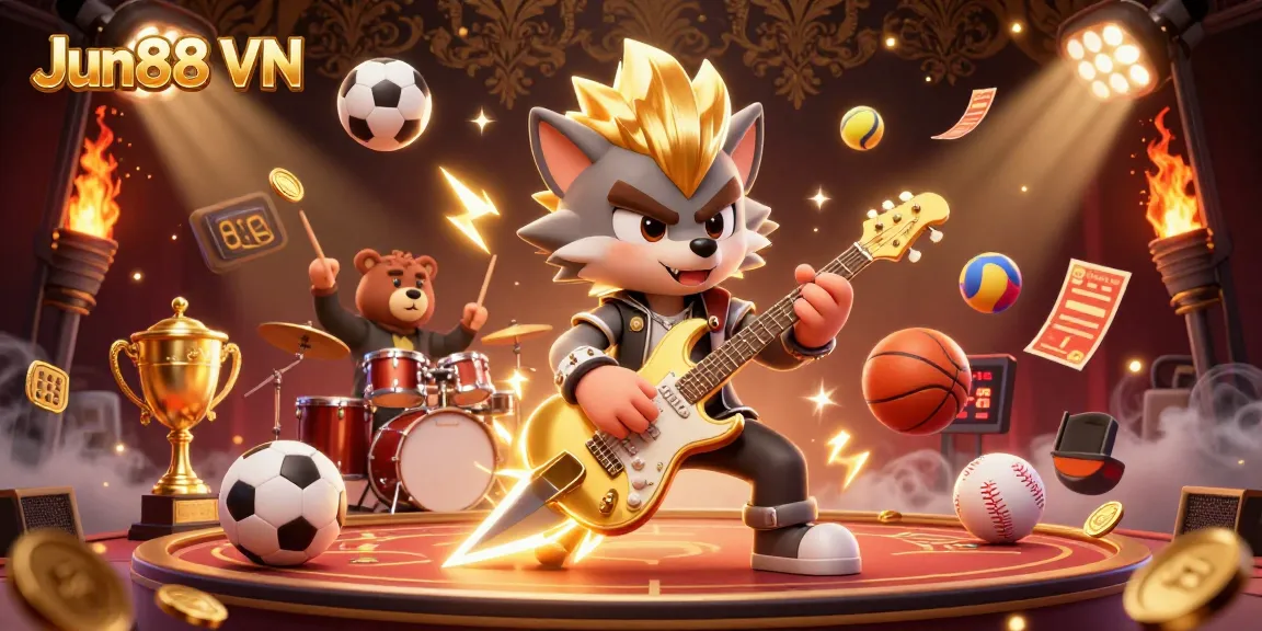Engage with Jun88 VN in this vibrant casino scene featuring a rock star wolf and a drummer bear, celebrating gaming excitement.