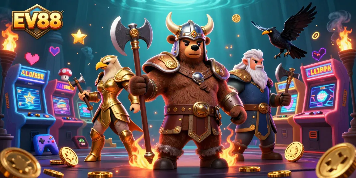 Experience thrilling gaming adventures at EV88 with a Viking berserker and Valkyrie amidst vibrant casino elements.