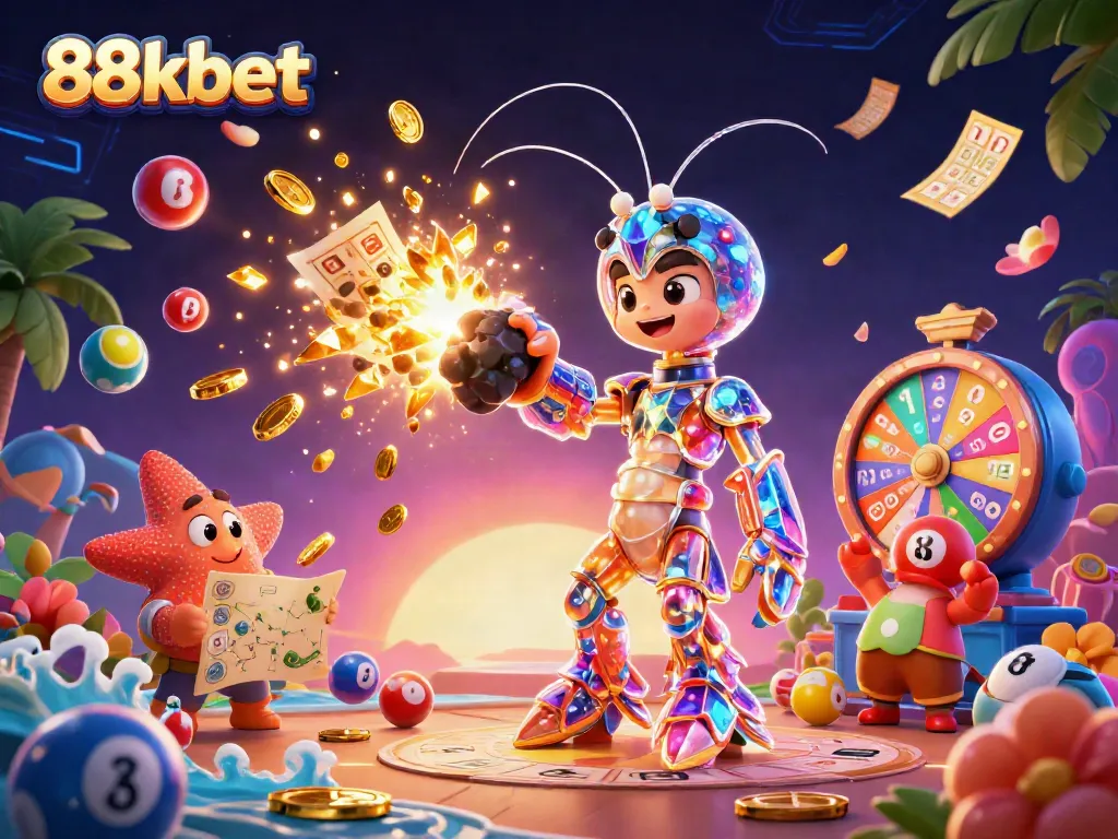 88kbet showcases a galactic samurai mantis shrimp amid golden gems, highlighting interactive gaming experiences.