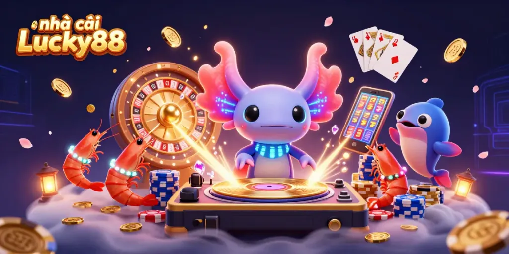 Experience the excitement at nhà cái Lucky88 with a vibrant underwater casino scene featuring dancing characters
