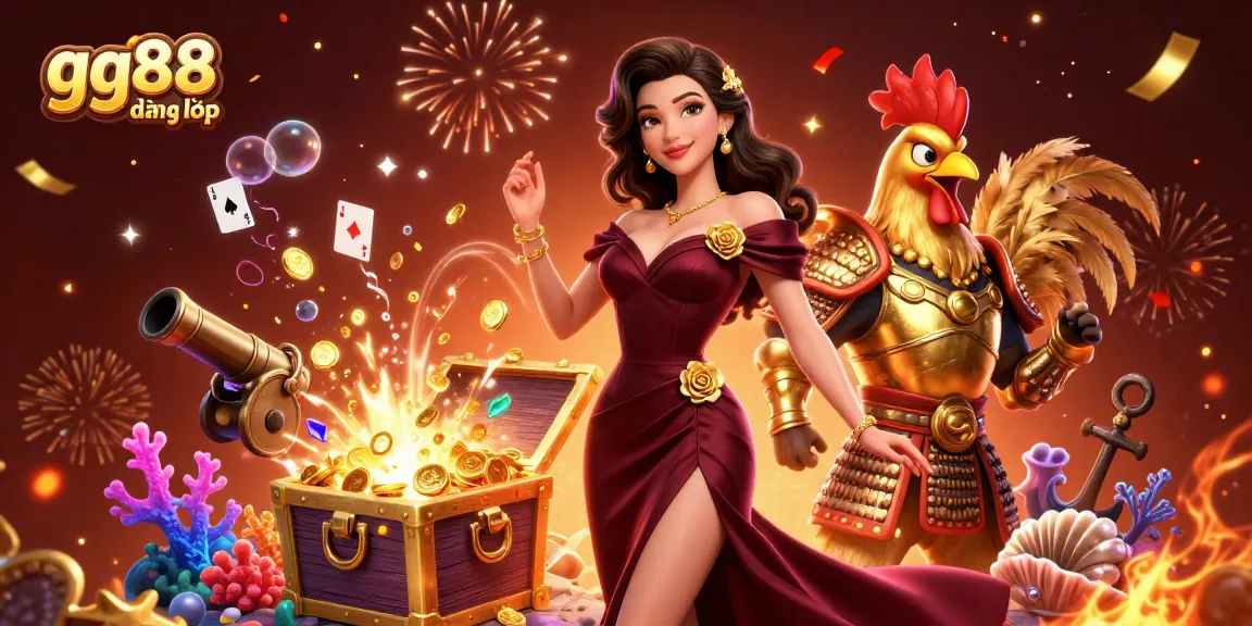 Experience gg88 đăng nhập with a glamorous casino scene featuring vibrant treasures and engaging characters.