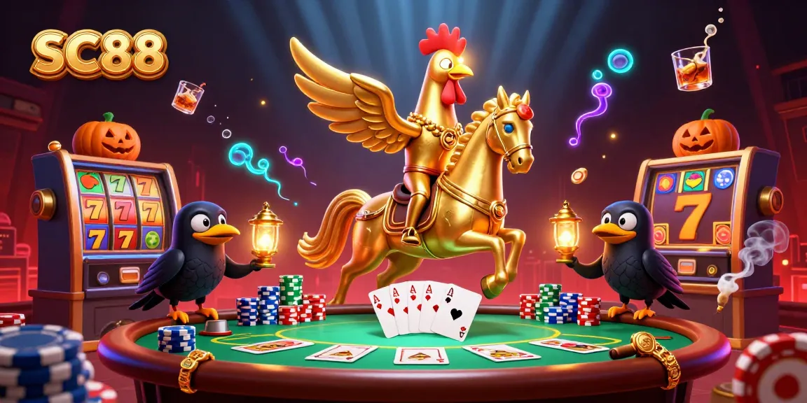 Experience thrilling SC88 casino adventures with a golden rooster and ghostly elements.