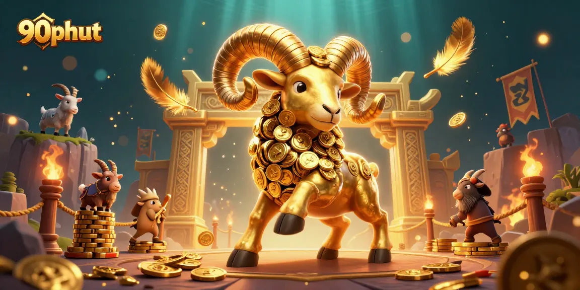 Experience thrilling action with 90phut as golden ram charges through magical gaming arena filled with coins and spectators.