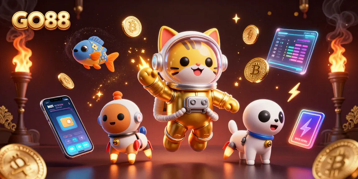 Experience immersive GO88 gaming vibes with a 3D astronaut cat and robot dog in an adventurous galactic scene.