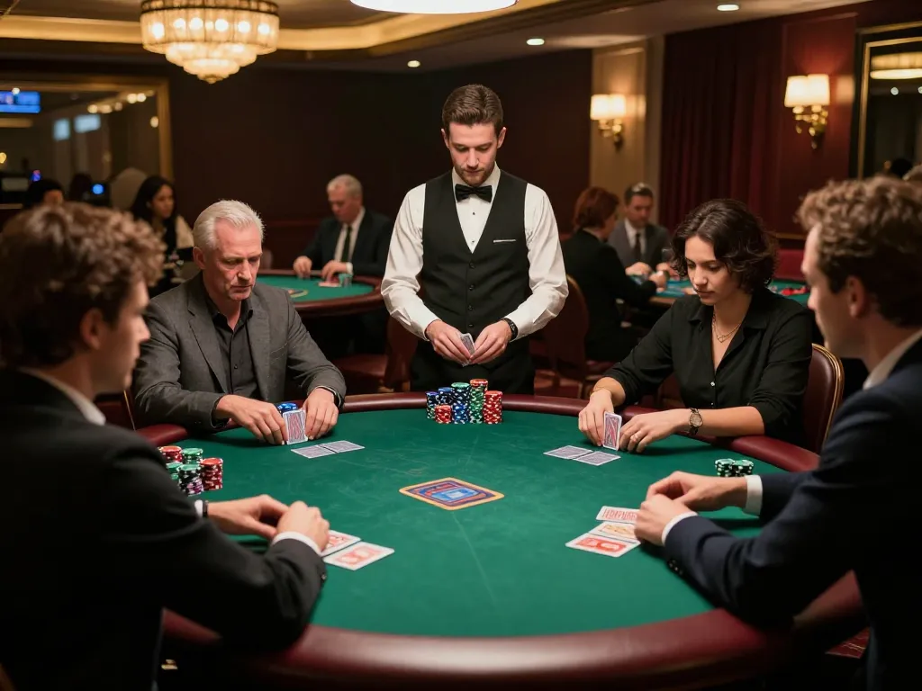 Players engage in a high-stakes poker game at a professional casino, showcasing strategic gameplay with soibet excitement.
