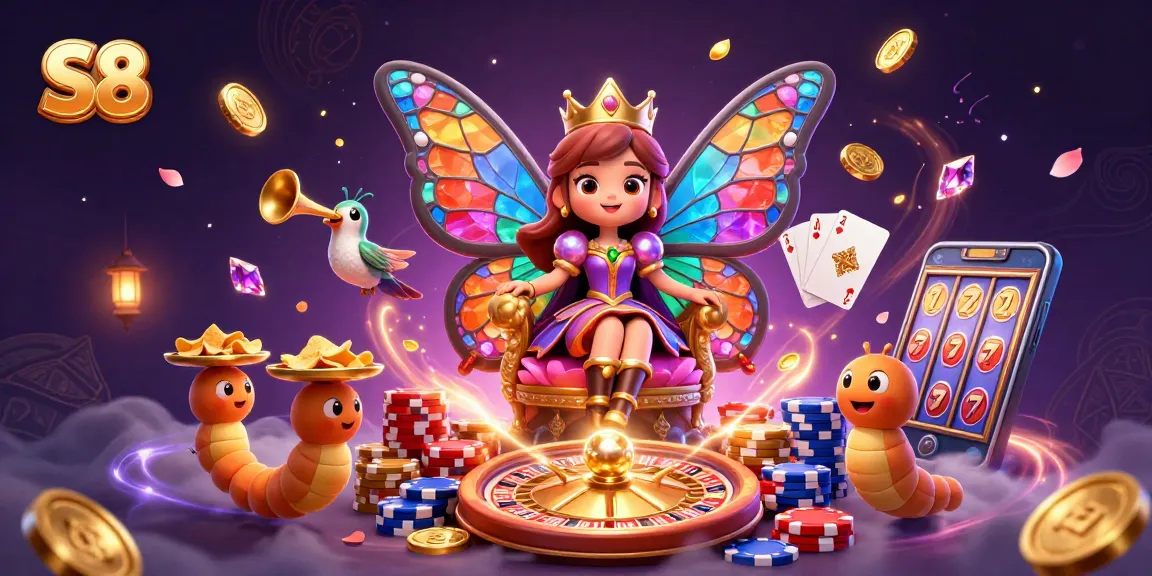 S8 showcases a vibrant 3D casino scene with a butterfly queen and a roulette wheel amidst golden coins and poker chips, capturing the thrill of gambling action.