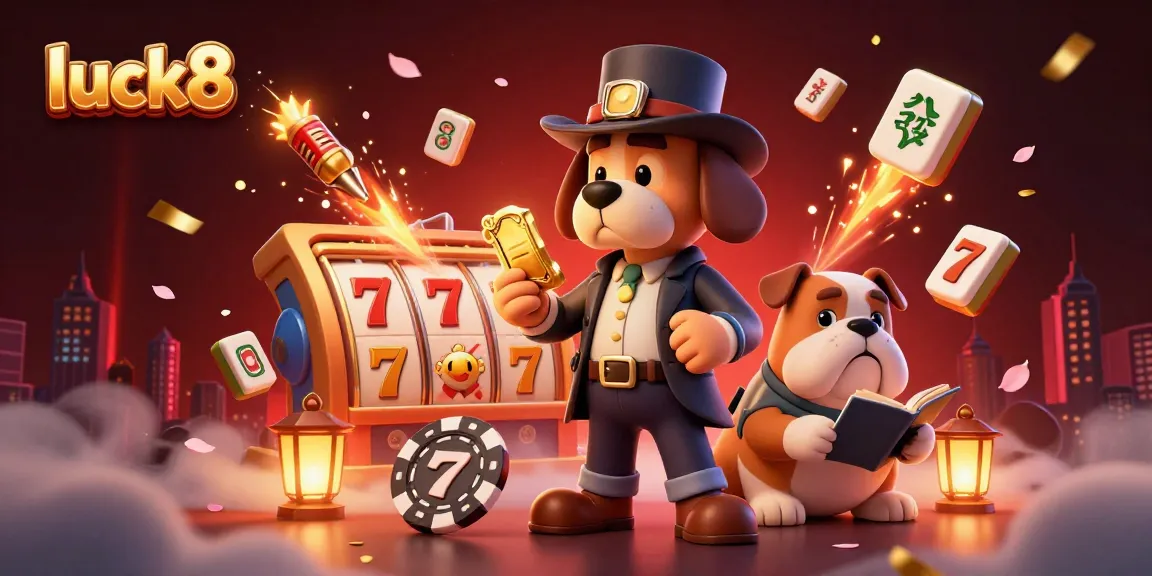 Engage with luck8 to uncover winning strategies in a vibrant casino scene featuring playful characters and dynamic gaming elements.