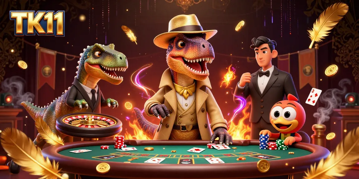 Experience TK11 with a velociraptor at the blackjack table immersed in vibrant live casino action.