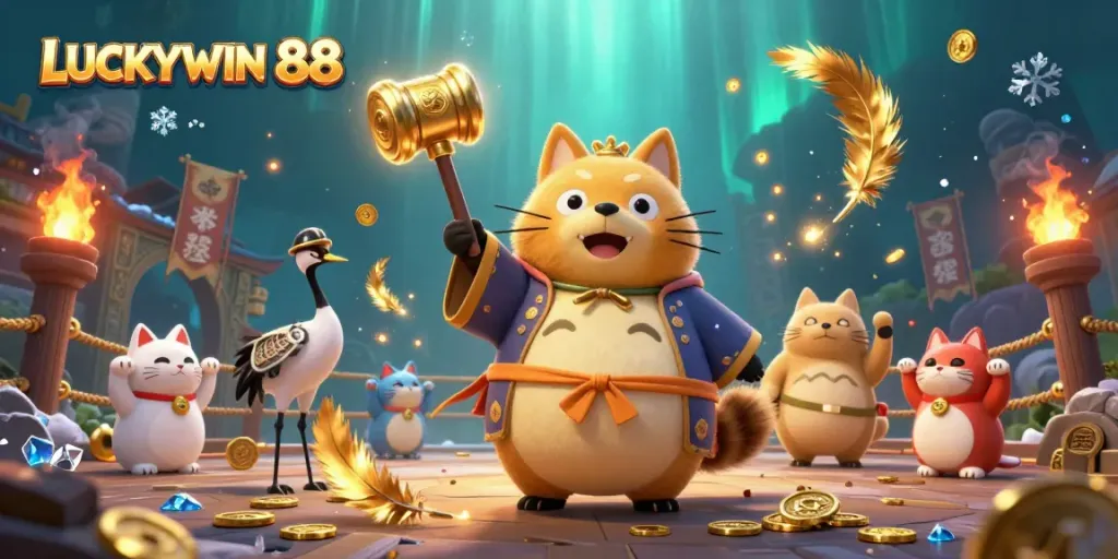 Experience LUCKYWIN 88 with a vibrant scene showcasing a cheerful tanuki, crane, and maneki-neko amid festive gambling symbols.