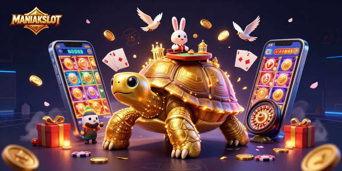 Engage with the MANIAKSLOT experience featuring an enchanting casino scene of a golden tortoise and rabbit dealer.