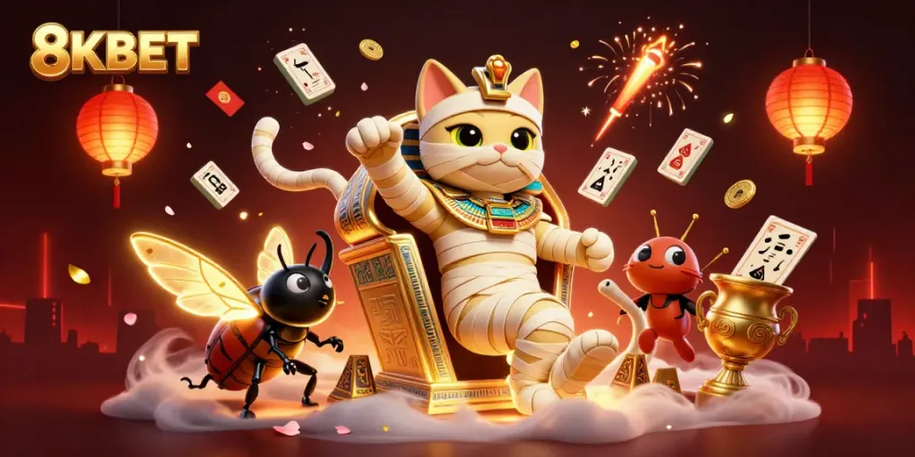 Experience the thrill of 8KBET in a vibrant casino scene filled with lively characters and dynamic elements.