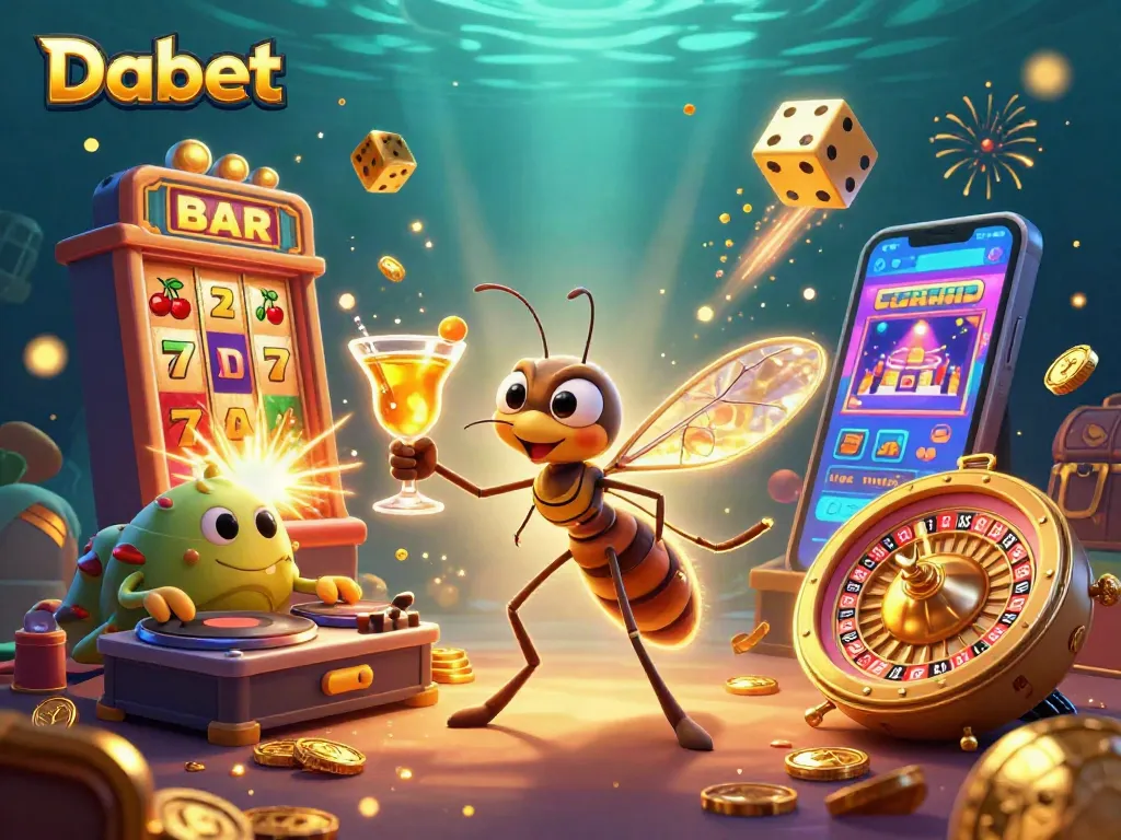 Dabet casino mascot brings luck with a golden cocktail amidst a vibrant casino scene.