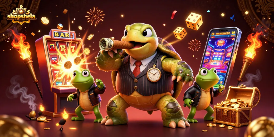shopshela showcases vibrant 3D casino action featuring colorful slot symbols and lively characters.