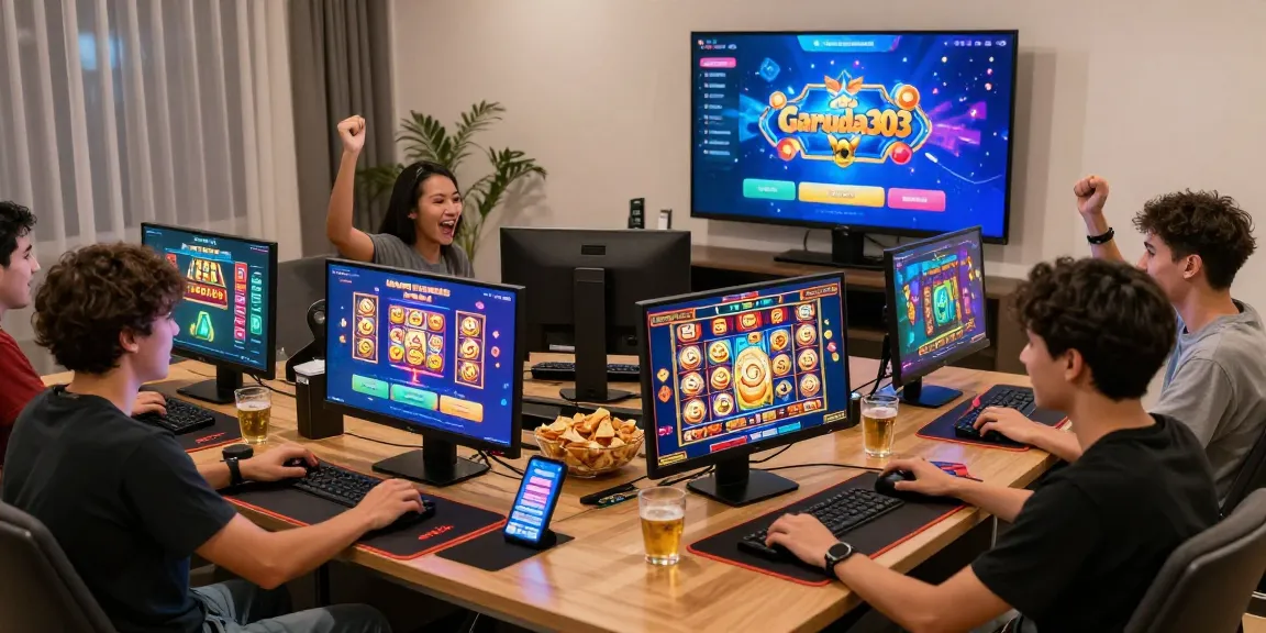 Engaging group of players enjoying Garuda303 online slot games in a cozy gaming setup.