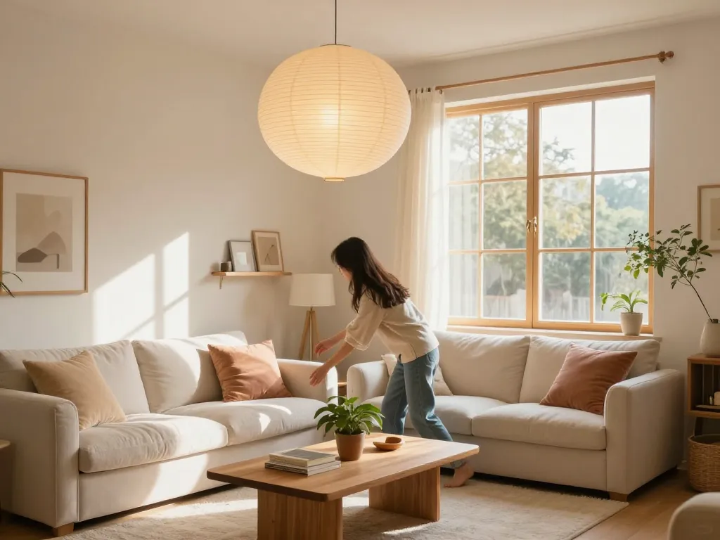 Hermosas linternas de papel realzan la decoración acogedora de la sala de estar, creando una atmósfera invitadora.