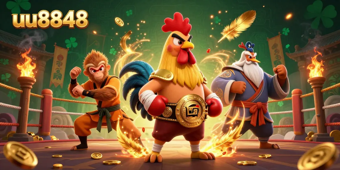 Experience thrilling excitement at uu8848 with a fierce Muay Thai rooster and Shaolin monkey in a vibrant casino scene.