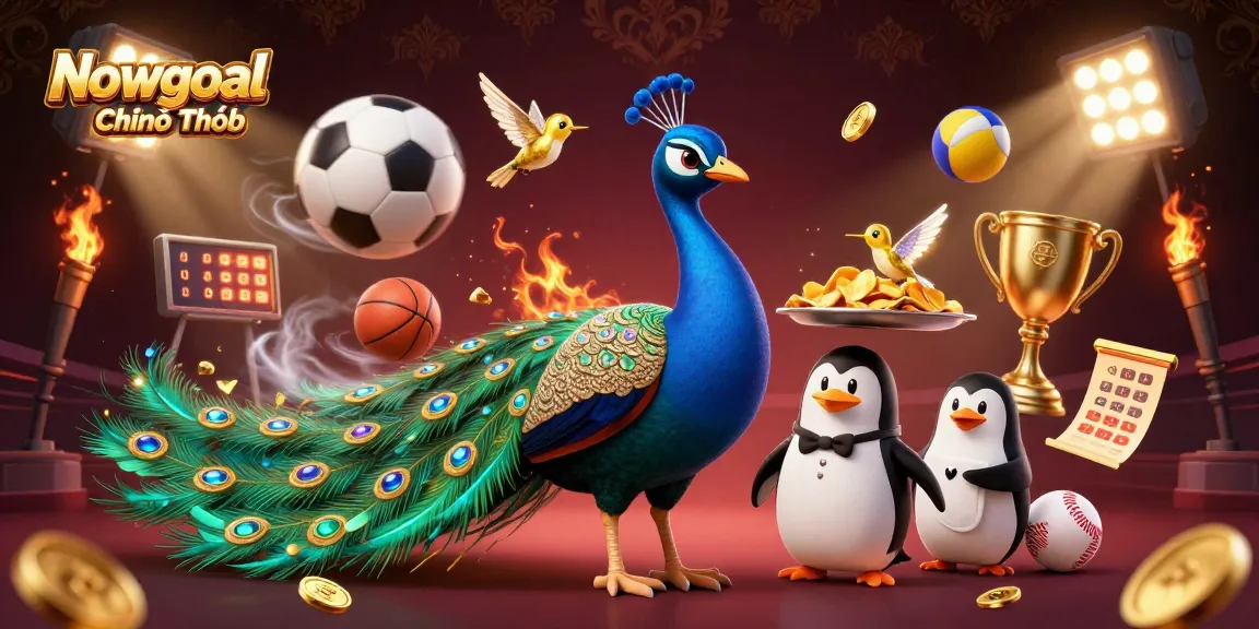 Nowgoal Chính Thức showcases a dynamic 3D scene with a peacock, penguin, and hummingbird celebrating sports betting excitement.