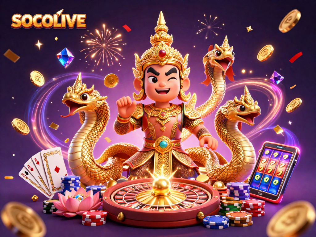 Engage with SOCOLIVE's vibrant gaming world featuring 3D guardian, coins, and roulette.