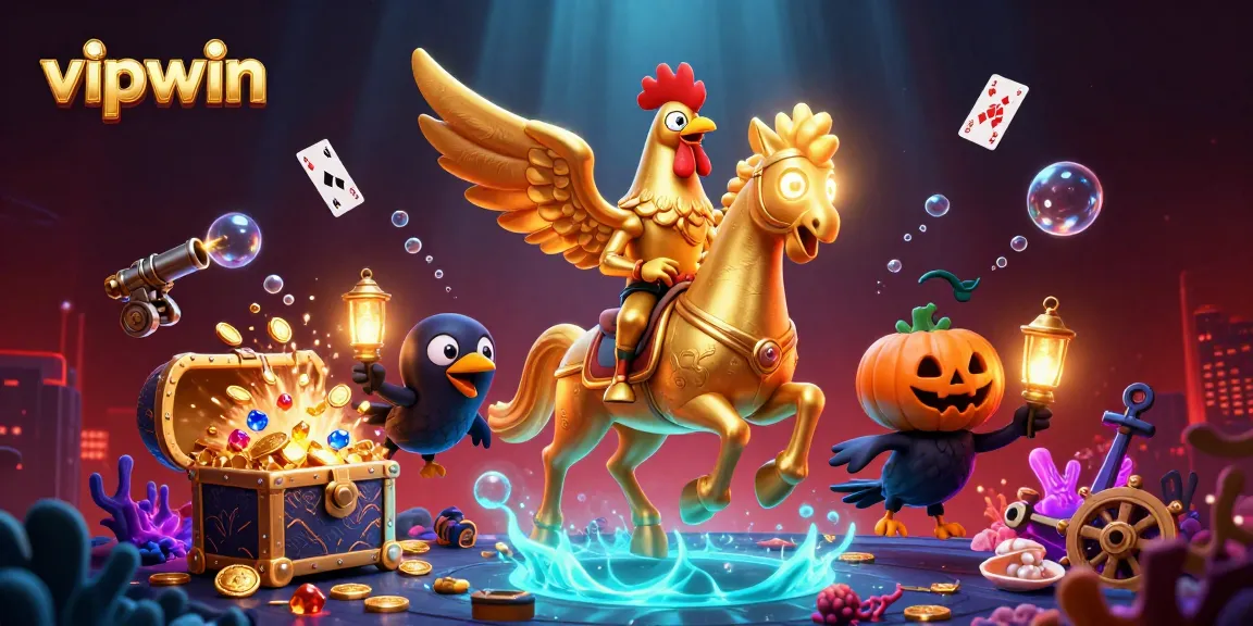 Experience the magic of vipwin with a vibrant casino scene featuring a golden rooster and whimsical characters.