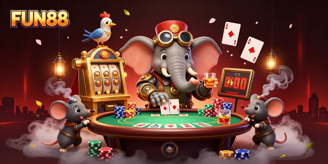 Play thrilling slots at FUN88 with a steampunk elephant and exciting poker elements.