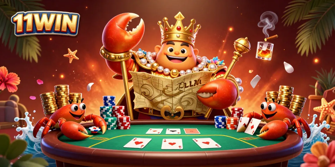 Experience 11WIN with a vibrant golden crab emperor ruling a dynamic poker scene.