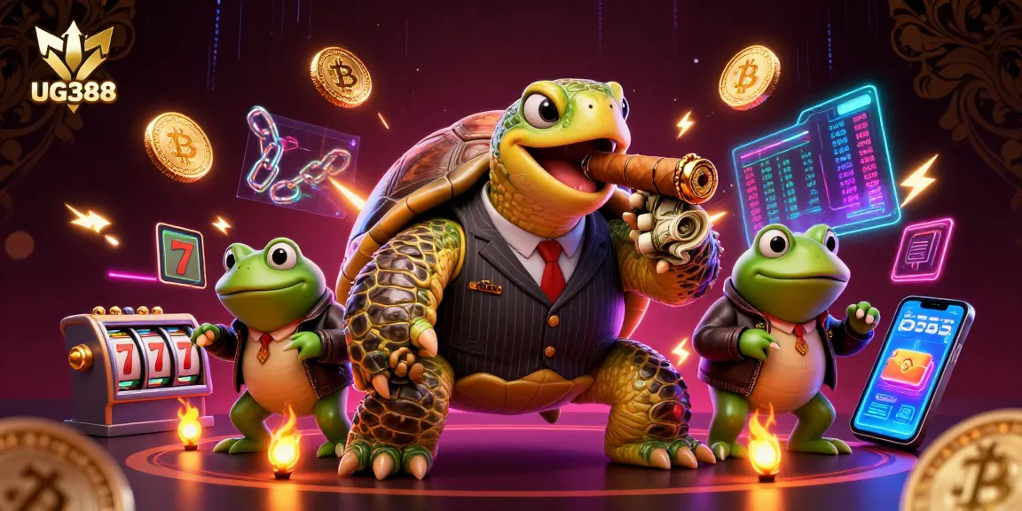 Win big at UG388 with vibrant 3D casino scene featuring colourful characters and engaging slot game elements.