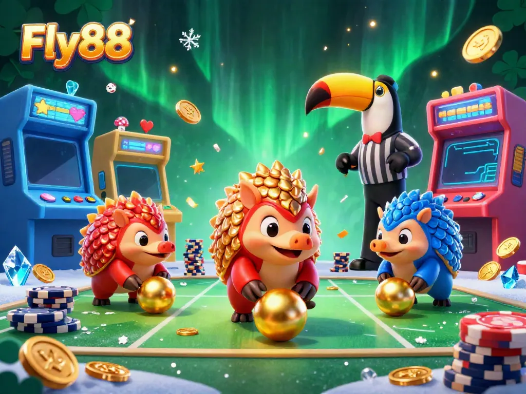 Fly88 pangolins engage in vibrant casino fun, rolling poker chips and bowling balls.