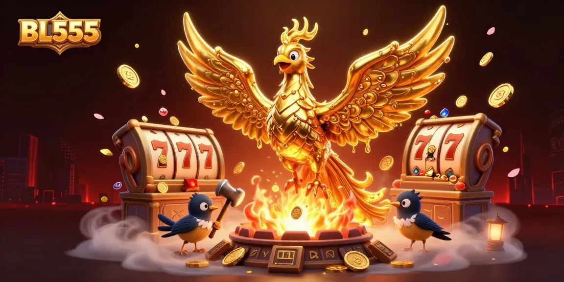 Experience exhilarating wins at BL555, with dynamic gaming scenes featuring molten gold and vibrant slots.