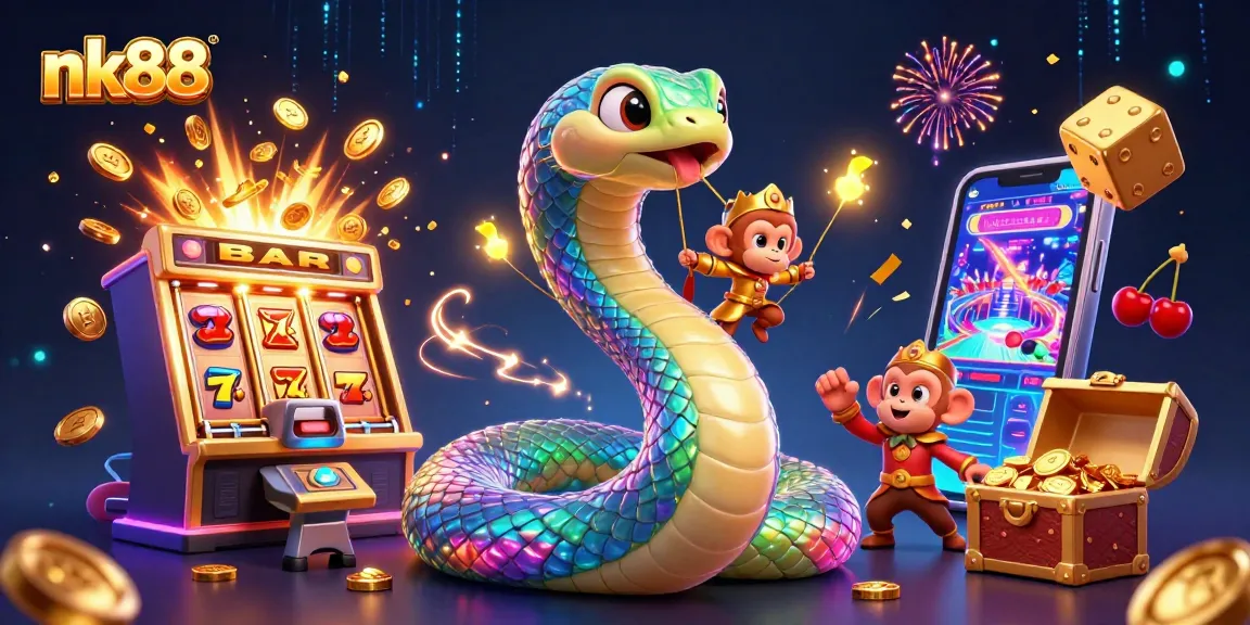 Engage in thrilling wins with nk88 as a colorful serpent and monkey king celebrate at a vibrant casino