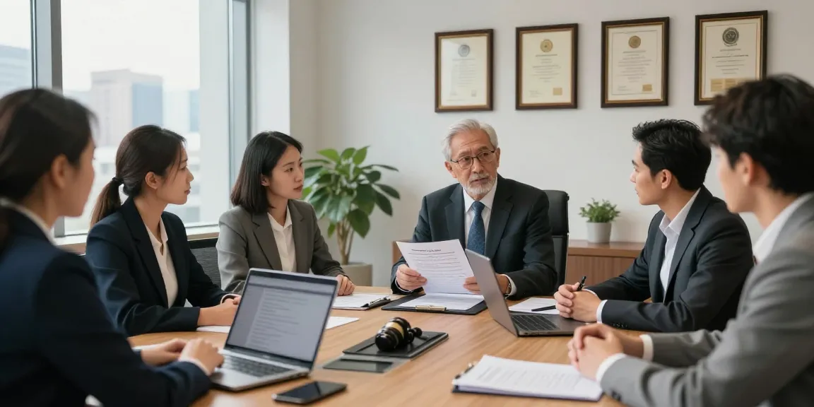 This Swiss law firm in a professional environment with attorneys consulting clients, showcasing legal expertise.