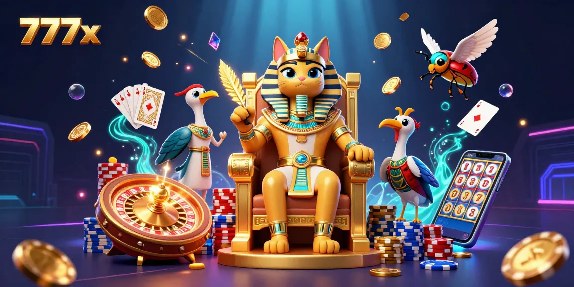 Experience the thrill of 777x with an Egyptian pharaoh cat in a dynamic casino scene.