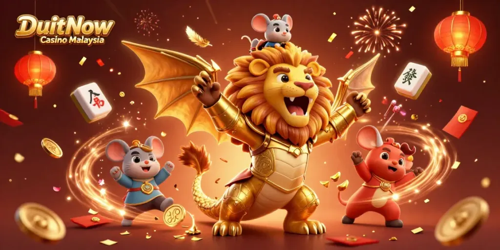 Experience the triumph of DuitNow Casino Malaysia with a vibrant 3D chimera and festive casino elements.