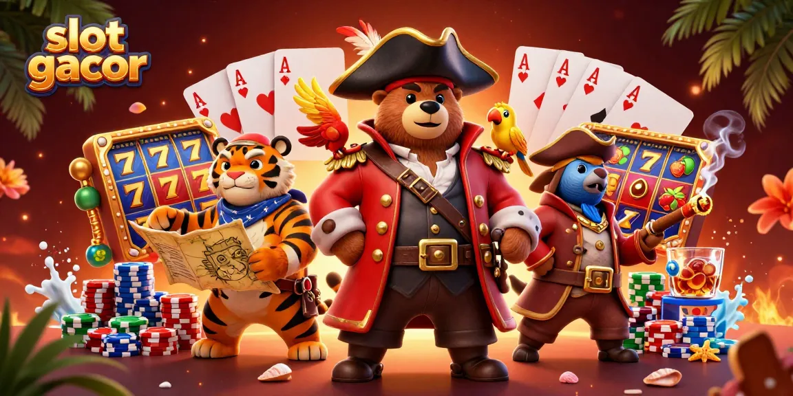 Dalam permainan slot gacor, beruang kapten bajak laut dan harimau memegang peta harta karun dalam ilustrasi resmi.