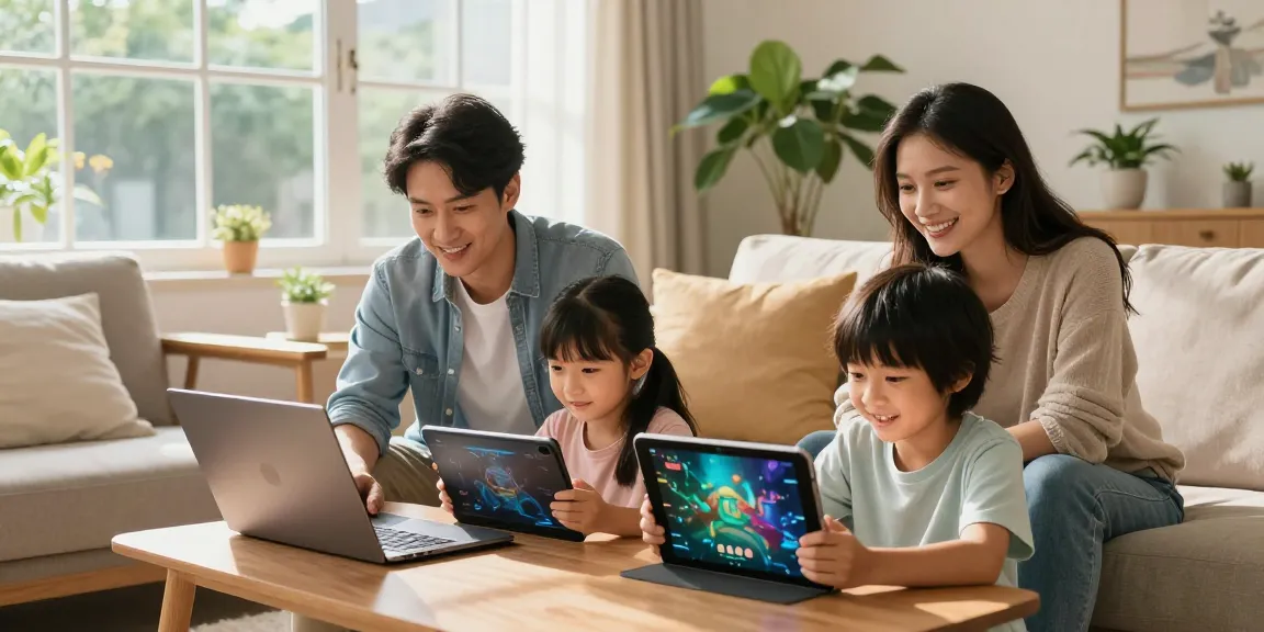 La familia disfruta de etb internet hogar Medellín mientras trabaja y juega en casa.