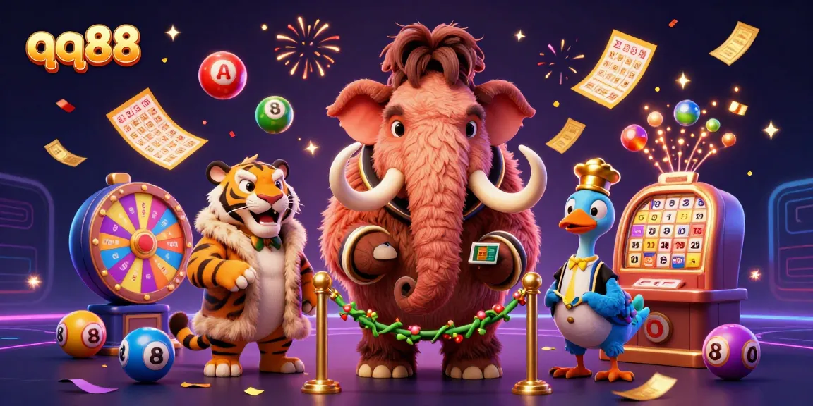 qq88 promotes gaming excitement with a woolly mammoth bouncer, saber-tooth VIP, and dodo doorman in a vibrant casino scene.