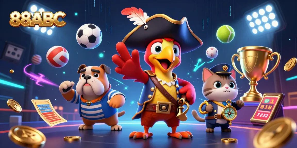 Experience thrilling action with 88ABC in this dynamic casino-themed 3D illustration featuring vibrant characters and game elements.